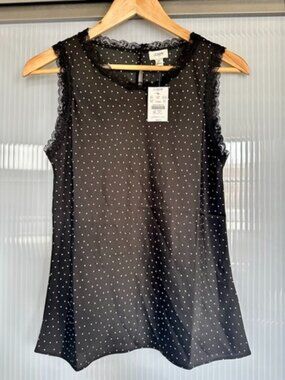 J.Crew Black Polka Dot Lace Trim Sleeveless Shell Top XS NWT